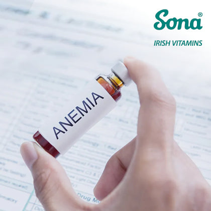 Hand holding a vial labeled ANEMIA with the Sona Irish Vitamins logo in the corner.