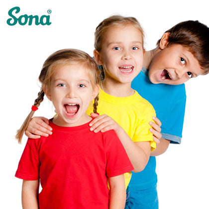 three smiling children wearing colorful shirts (red, yellow, blue) with the Sona logo in the top left corner.