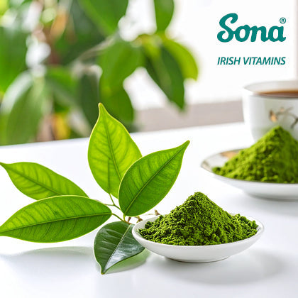 Green tea leaves and powdered extract beside a cup, representing Sona Irish Vitamins green tea supplement rich in antioxidants and EGCG.