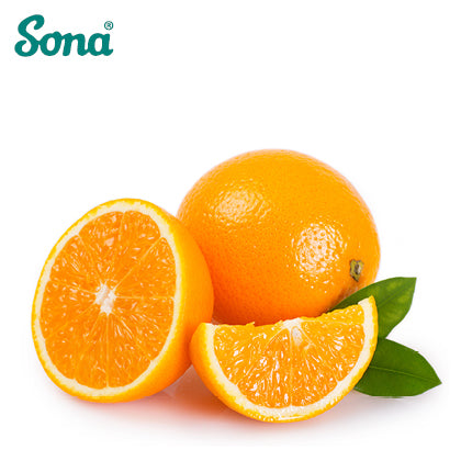 Image of fresh oranges with the Sona logo, highlighting the natural source of Vitamin C. Whole and sliced oranges are shown on a white background with green leaves