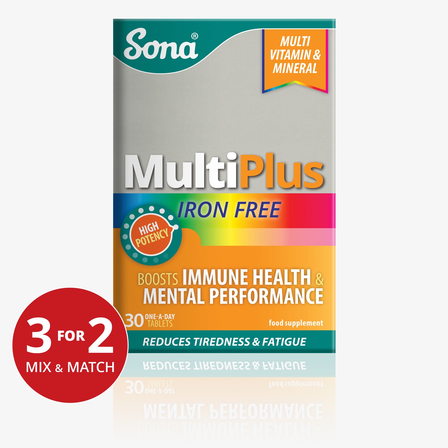 Sona MultiPlus Iron Free supplement bottle for daily multivitamin use