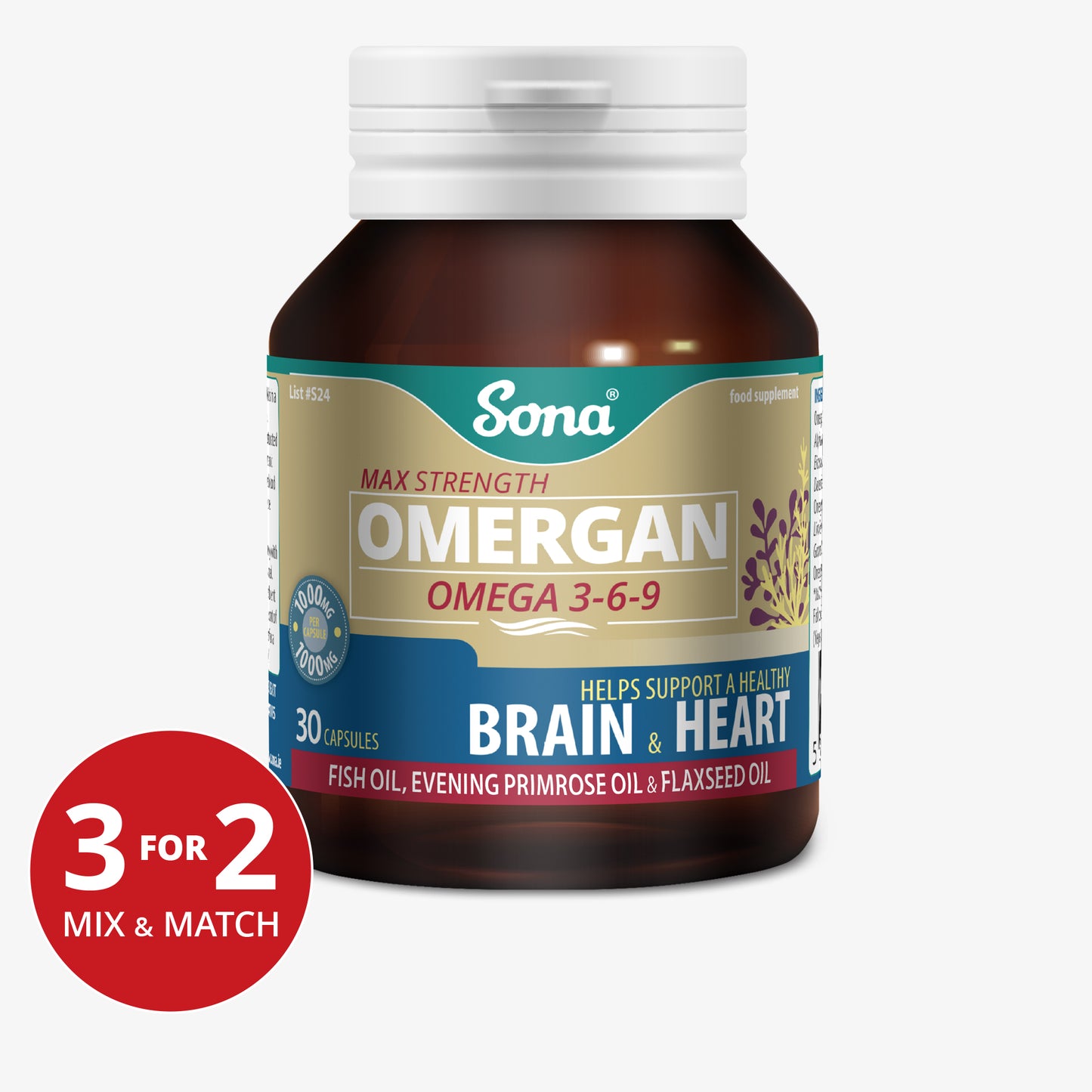 SONA OMERGAN Omega 3-6-9 Max Strength Fish Oil bottle with visible branding and supplement details on the product label