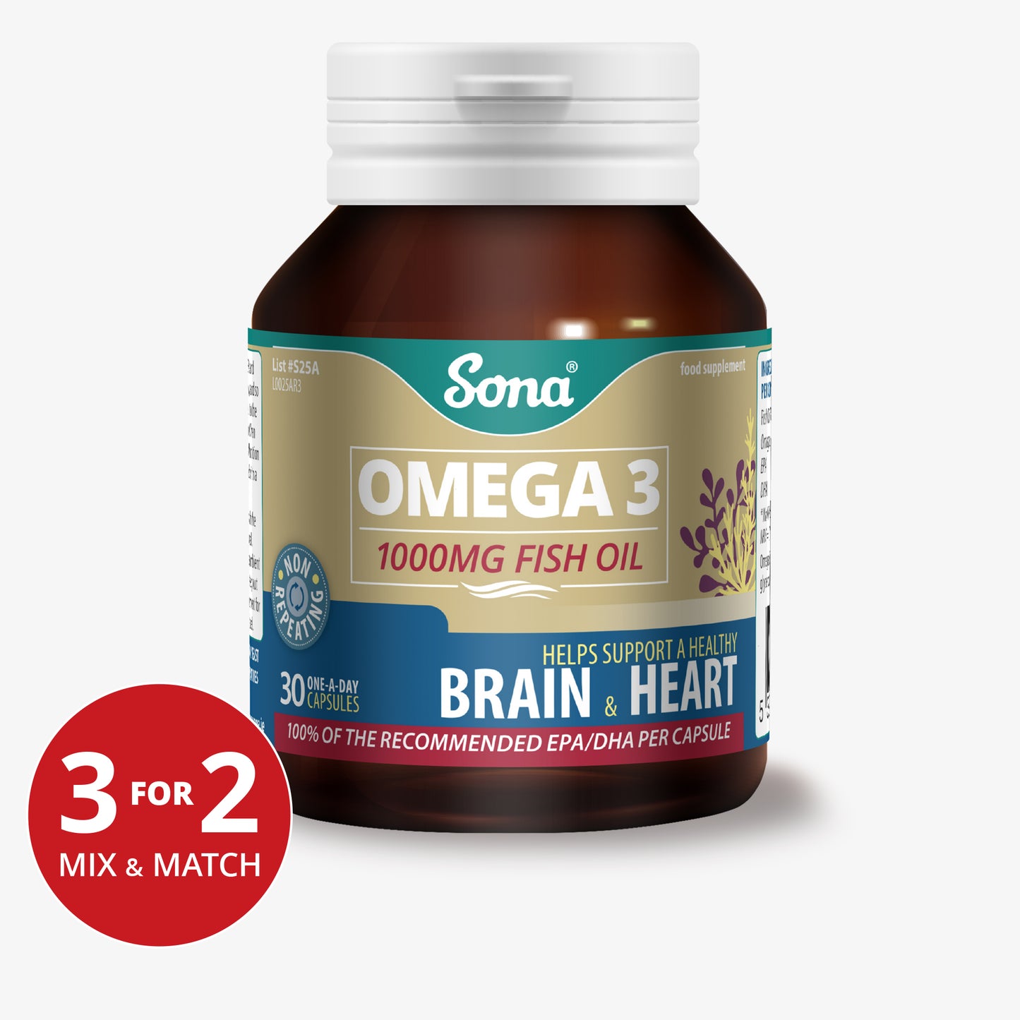 Sona Omega 3 1000mg fish oil supplement with EPA/DHA for brain and heart health, 30 one-a-day softgel capsules