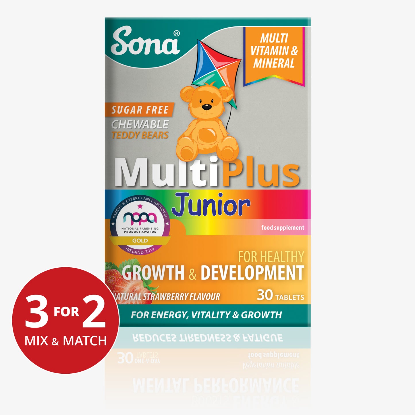 Sona MultiPlus Junior chewable multivitamin for kids with teddy bear design and strawberry flavour label on packaging