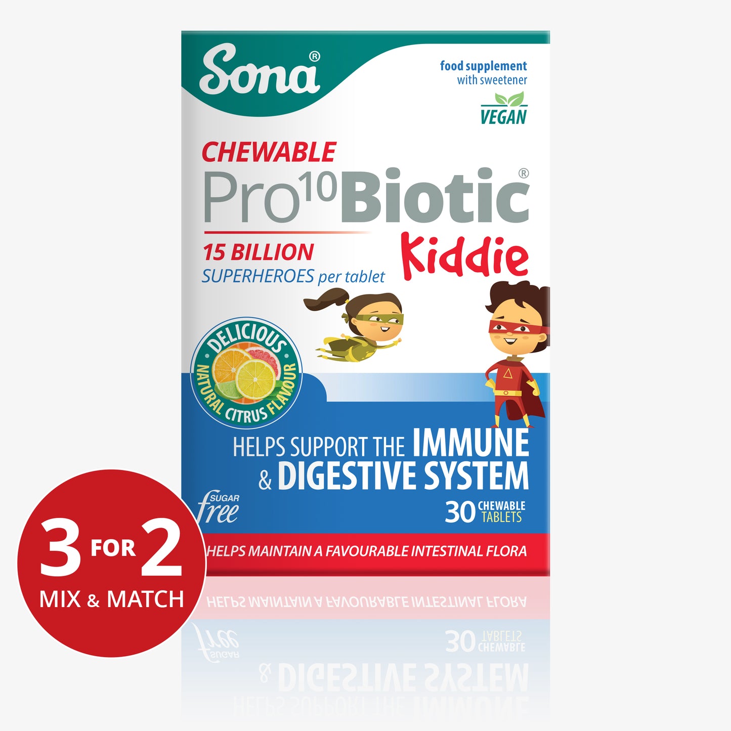 SONA Pro10Biotic Kiddie citrus chewables for kids with 15 billion live cultures and immune, digestive system support