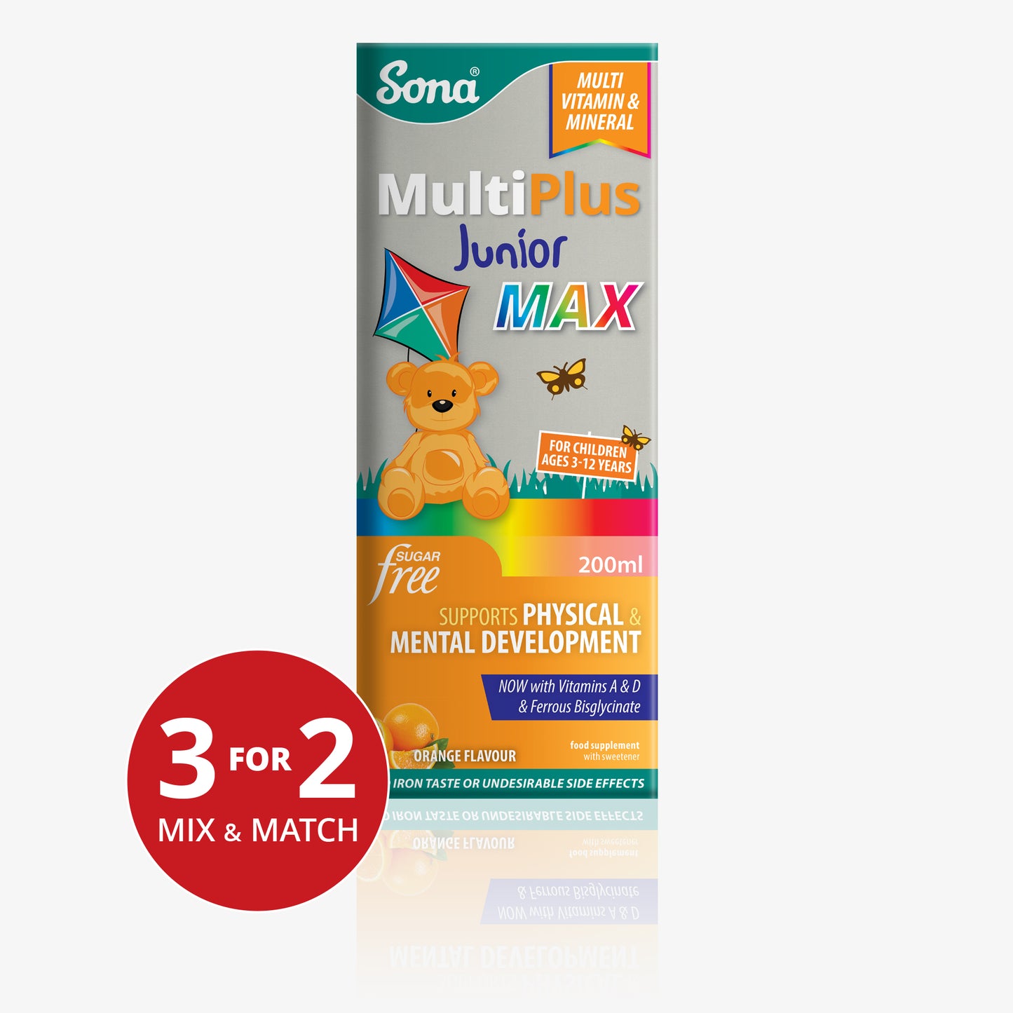 Sona MultiPlus Junior MAX children’s multivitamin with minerals and orange flavour, supports physical and mental development