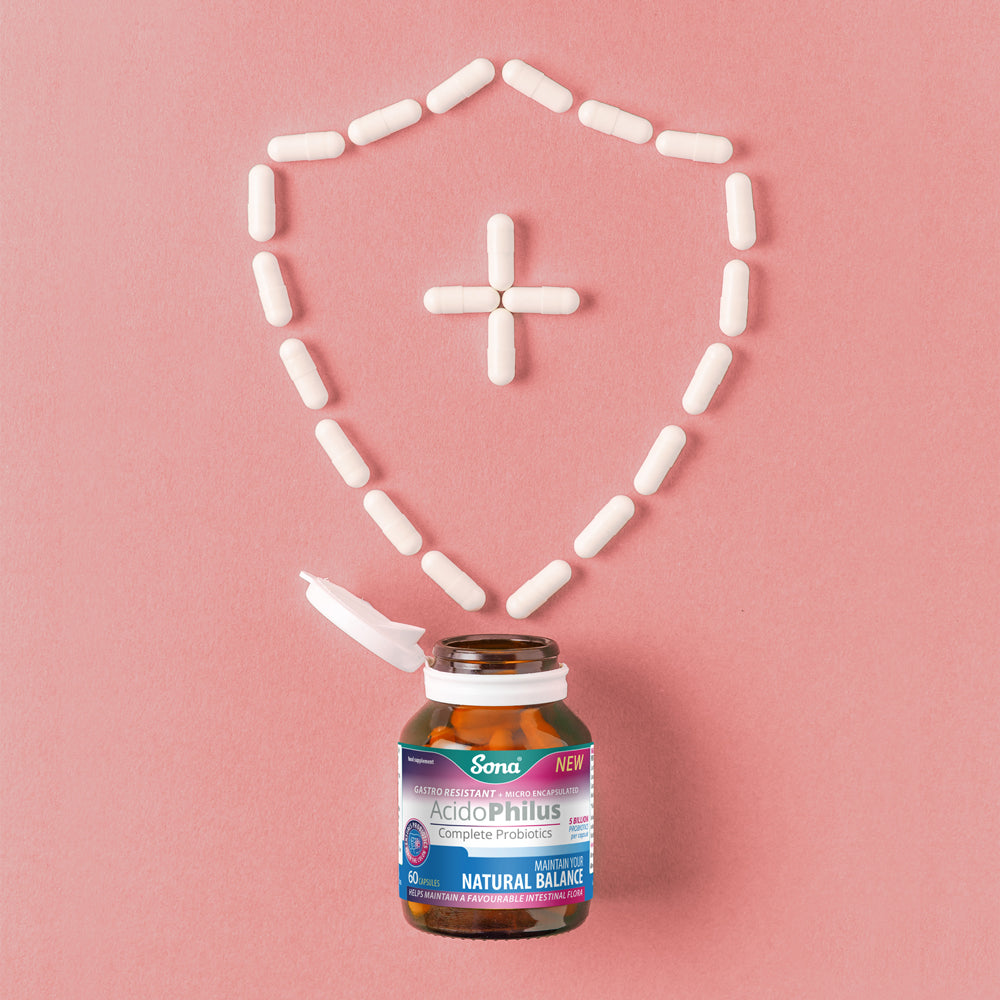 Sona AcidoPhilus Complete probiotic capsules. Good bacteria for a healthy immune system and digestive health.