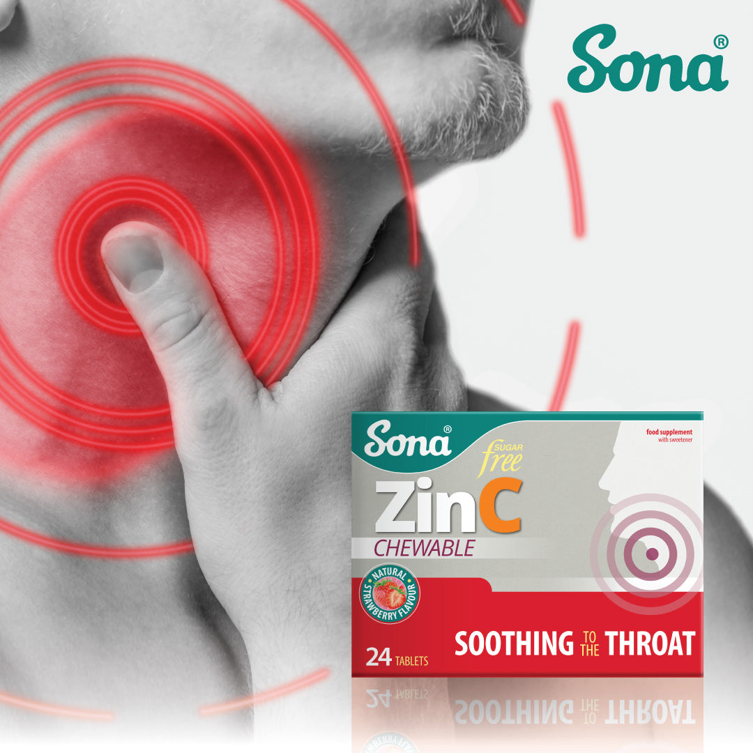 Sona ZinC throat Lozenges Vitamin C in one chewable strawberry flavoured tablet. Supports the Immune system and boosts energy. Ease sore throats.