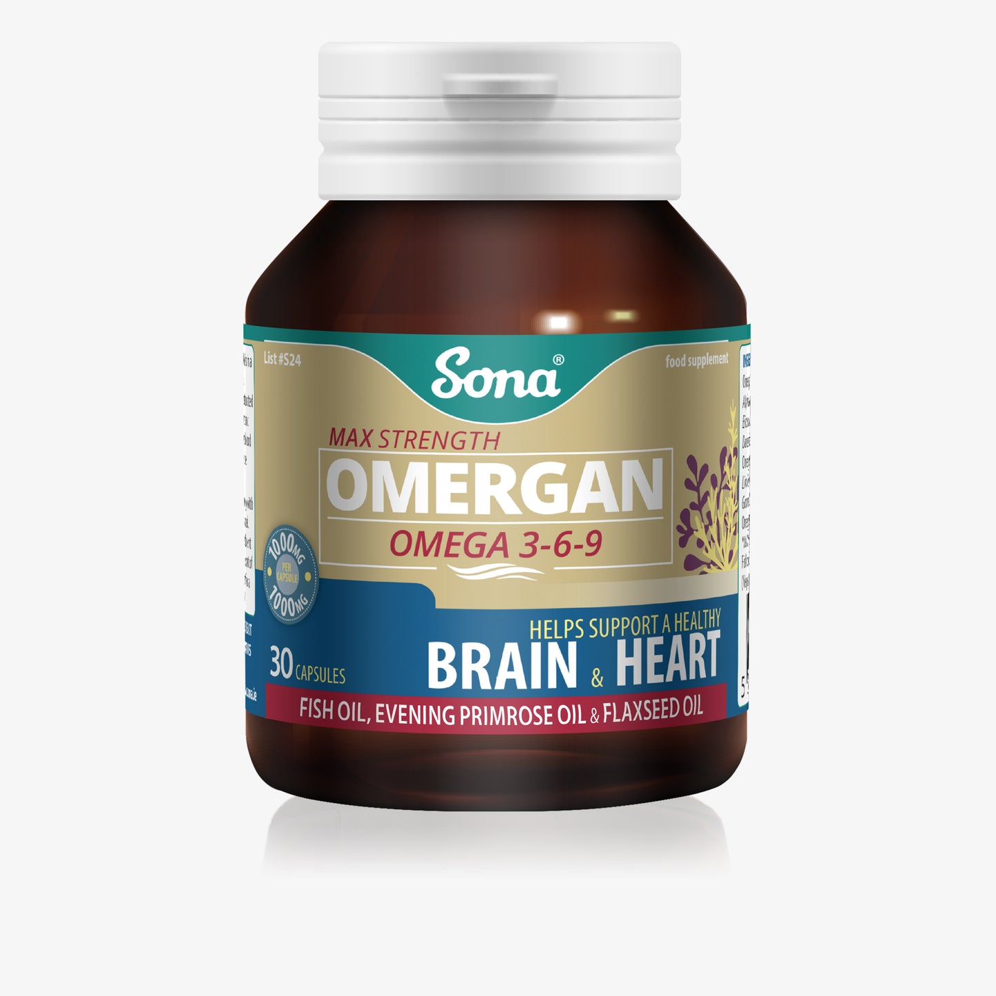 Sona Omergan - Omega 3-6-9 Max Strength Fish Oil. Flax, fish and borage oil. Pure essential Fatty Acids. Beneficial for heart, vision and brain health.