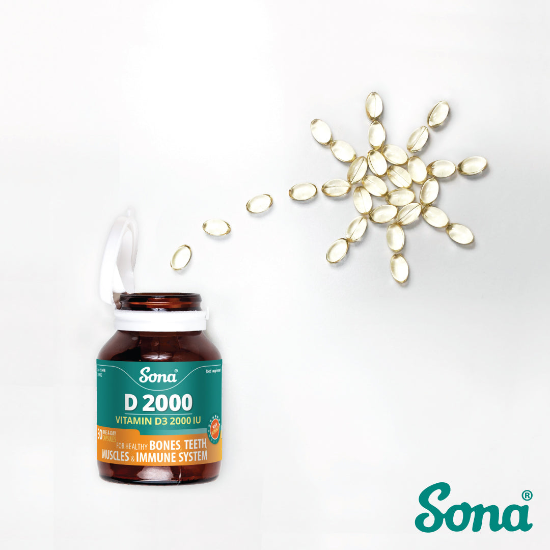 Sona D 2000, Vitamin D capsules. For maintenance of bones, teeth, muscles, the immune system, and absorption of calcium and phosphorus.