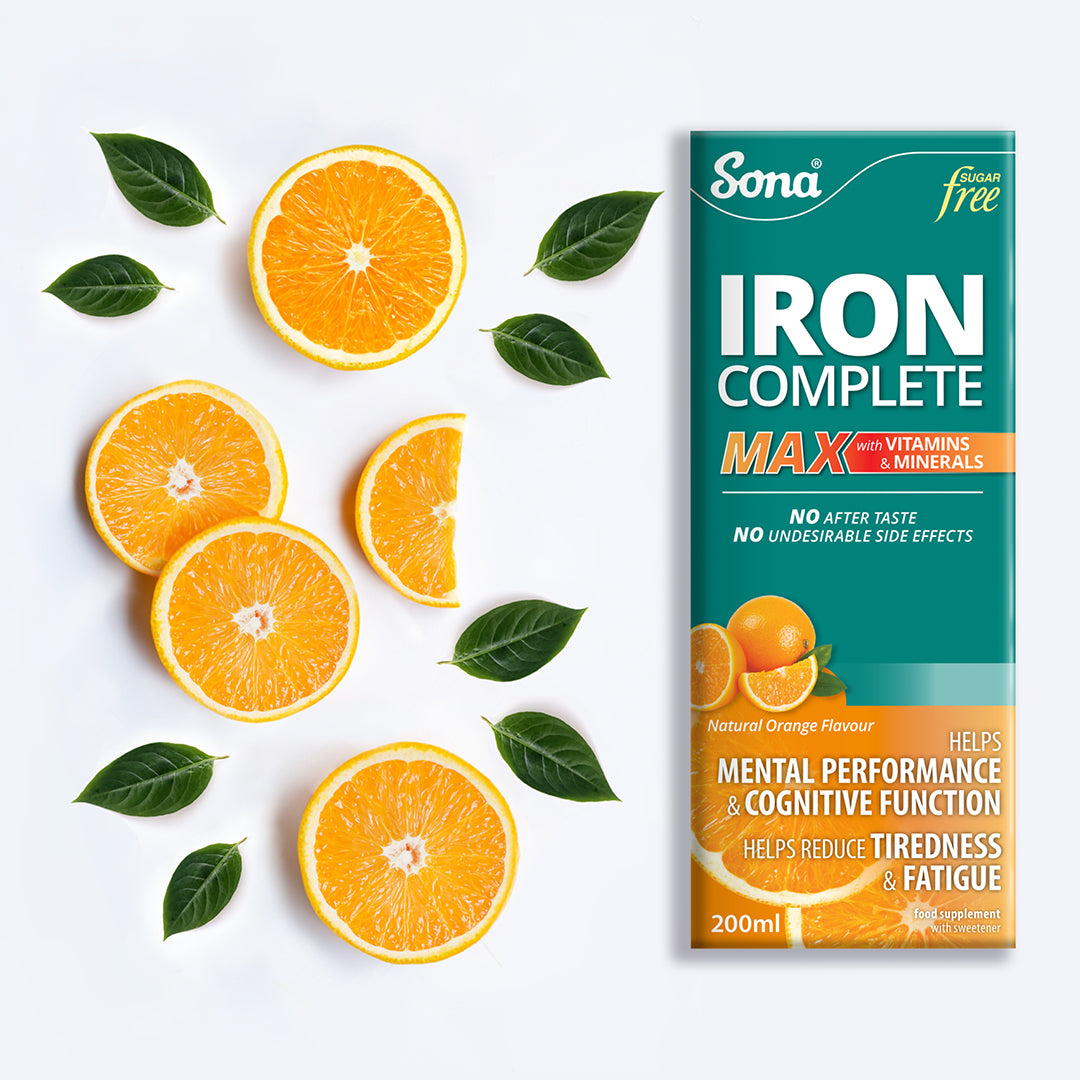 Sona Iron Complete MAX is a non-constipating, Iron supplement with vitamins & minerals, and a delicious natural orange flavour.
