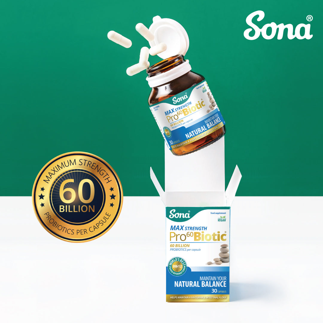 Sona Pro60Biotic max provides 60 billion probiotics per capsule. Lactobacillus Acidophilus and Bifidobacterium. For a healthy digestive and immune system.