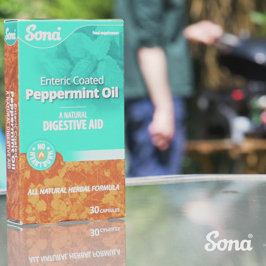 Sona Peppermint Oil - Enteric Coated Capsules. 200mg peppermint oil per capsule. Enteric coated for gastric resistance – delivers capsule intact to intestines meaning no heartburn. Naturally aids digestion Symptomatic relief of discomfort caused by Irritable Bowel syndrome.