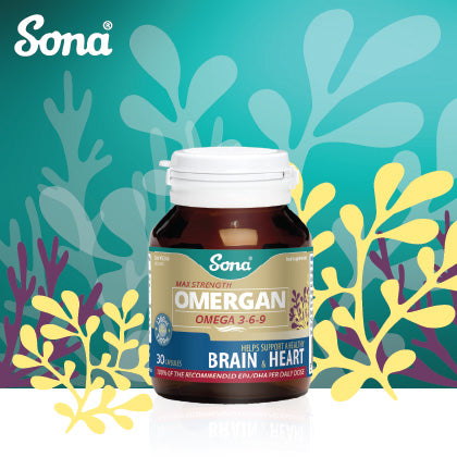 Sona Omergan Omega-3 supplement bottle, labeled for brain and heart health. The bottle is set against a teal background with abstract plant designs,