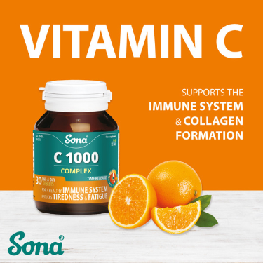 Image of Sona Vitamin C 1000 Complex bottle with oranges. Supports the immune system and collagen formation. Boost your health with Sona's high-quality Vitamin C tablets