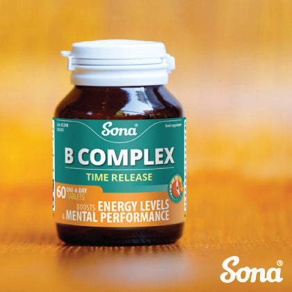 Sona B Complex Time Release supplement bottle. The label highlights its benefits for boosting energy levels and mental performance. Sona logo is visible at the bottom