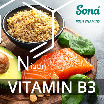 Vitamin B3 niacin food sources such as salmon avocado spinach and grains with Sona Irish Vitamins branding