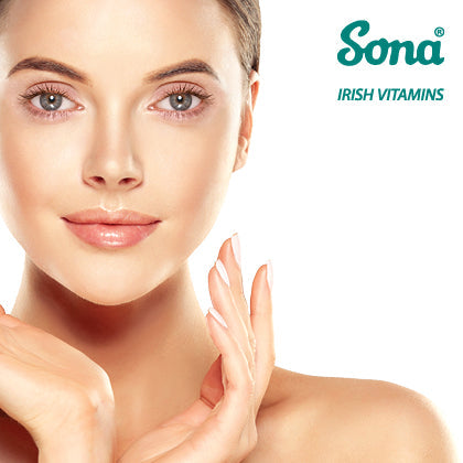 Close-up of a woman’s face with clear skin, alongside the Sona Irish Vitamins logo
