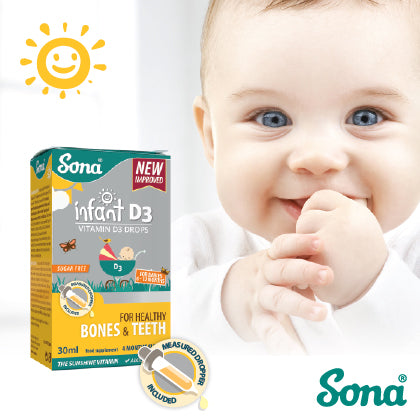 Image of a happy baby with Sona Infant D3 supplement box. The box highlights Vitamin D3 for healthy bones and teeth, with a dropper for accurate dosing. Sona logo is visible.