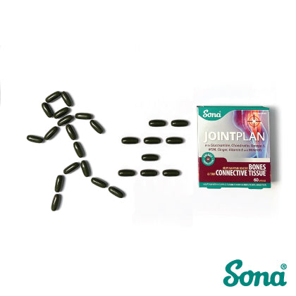 Image of Sona JointPlan supplement with capsules arranged in the shape of a running figure. Sona logo is displayed at the bottom right