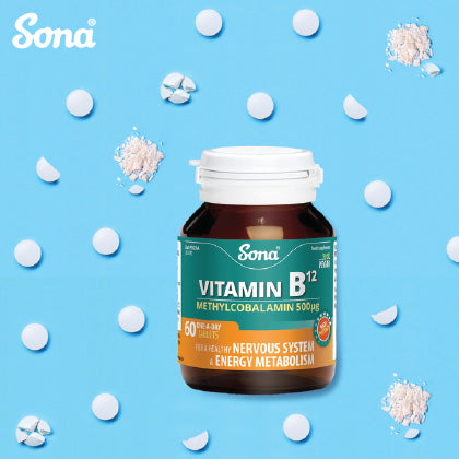 Sona Vitamin B12 Methylcobalamin 500μg supplement bottle on a blue background with scattered white tablets. The label highlights its benefits for the nervous system and energy metabolism.