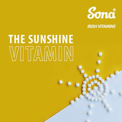 with a yellow background text 'The Sunshine Vitamin,' and white pills forming a sun shape