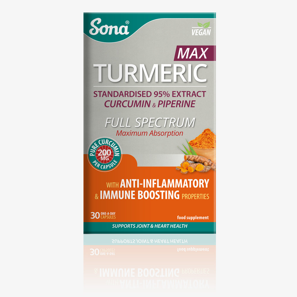 
                      
                        Sona Turmeric MAX capsules. 200mg Curcumin & Black Pepper Extract. Anti-inflammatory and immune boosting properties. Supports joint & heart health.
                      
                    