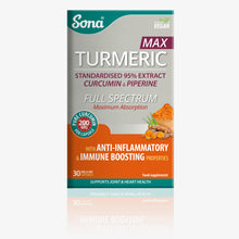  Sona Turmeric MAX capsules. 200mg Curcumin & Black Pepper Extract. Anti-inflammatory and immune boosting properties. Supports joint & heart health.