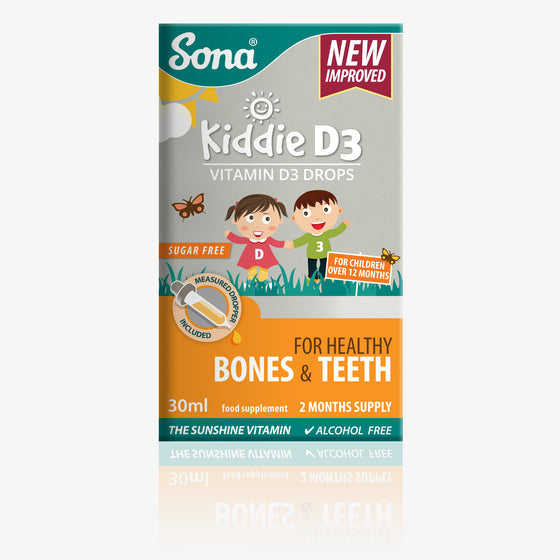Sona Kiddie D3 for Children provides 400 IU (10µg) of Vitamin D3 per dose. Supports a healthy immune system, and development of bones and teeth.