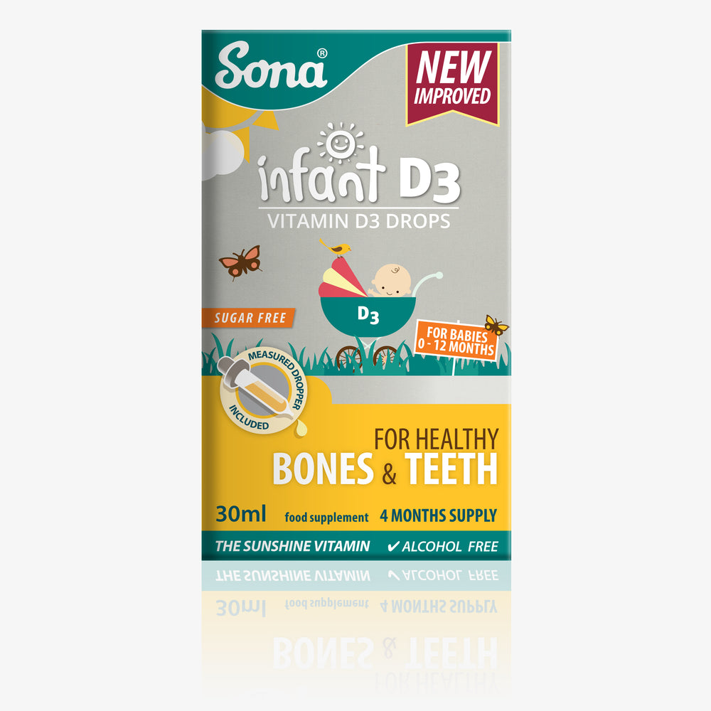 
                      
                        Sona Infant D3, provides 100% of the HSE recommended dose of Vitamin D for newborns and babies. For a healthy immune system, bones and teeth.
                      
                    