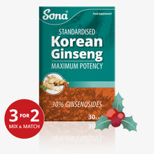  Sona Korean Ginseng provides a concentrated extract of aged Panax Ginseng root. Helps improve concentration and support energy levels.