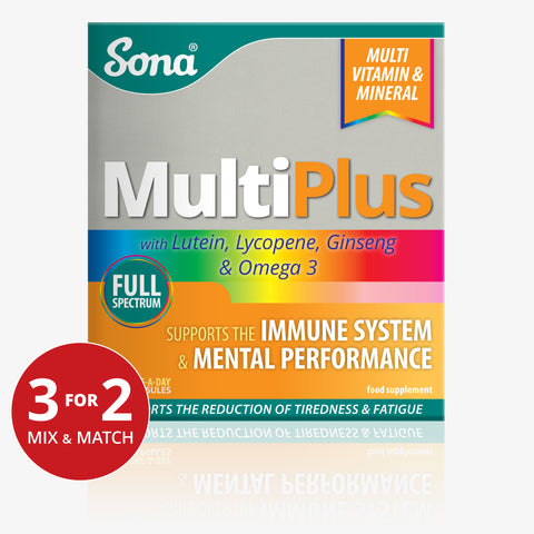 Sona MultiPlus packaging highlighting Omega 3, Lutein, Lycopene, Ginseng and support for immunity and mental focus