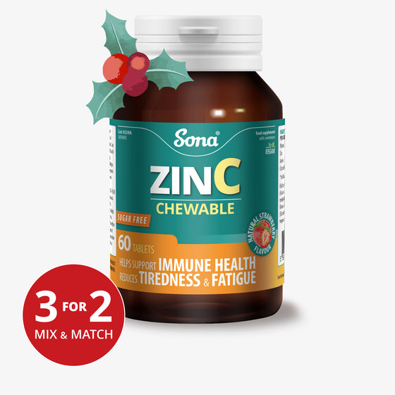 Sona ZinC with Vitamin C in one chewable strawberry flavoured tablet. Supports the Immune system and boosts energy. Ease sore throats. Sugar Free.