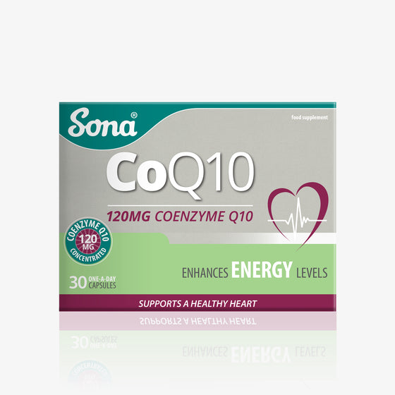Sona CoQ10 120mg provides 120mg of concentrated Coenzyme Q10 (CoQ10) per capsule. Enhances energy levels and supports a healthy heart. Recommended if taking statin medication.