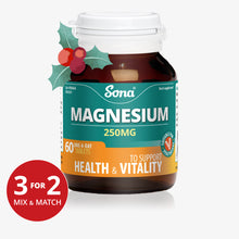  Sona Magnesium, 250mg tablets. For muscle function, energy metabolism, reduction of tiredness & fatigue and maintenance of bones and teeth.