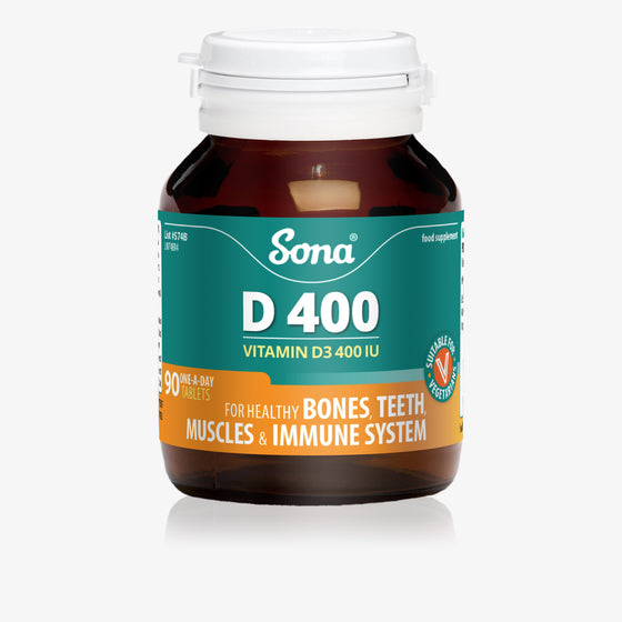 Sona D 400, Vitamin D tablets. For maintenance of bones, teeth, muscles, the immune system, and absorption of calcium and phosphorus.