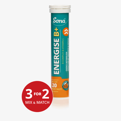 A tube of Sona Energise B+ effervescent tablets with Vitamin C for energy boost, orange flavored, with packaging that indicates it contains 20 dissolvable tablets.
