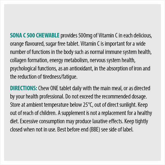 Sona C 500 Chewable is a delicious, sugar free, chewable Vitamin C tablet. For immune system health, energy, collagen formation and nervous system.