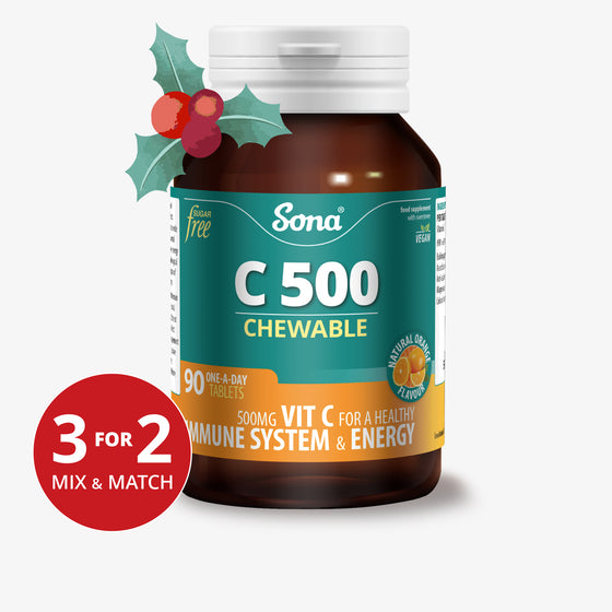 Sona C 500 Chewable is a delicious, sugar free, chewable Vitamin C tablet. For immune system health, energy, collagen formation and nervous system.