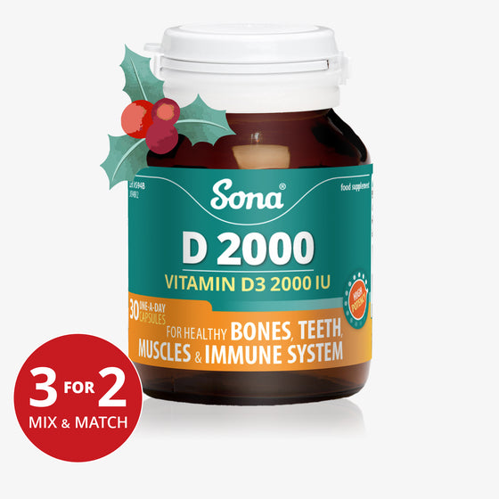 Sona D 2000, Vitamin D capsules. For maintenance of bones, teeth, muscles, the immune system, and absorption of calcium and phosphorus.