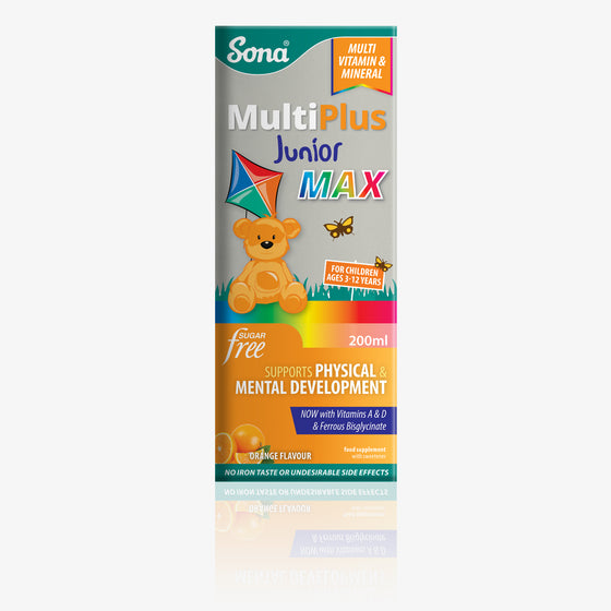 Sona MultiPlus Junior MAX is a multivitamin and mineral for children. Supports healthy growth, energy and vitality, physical and cognitive development, and immune system function.