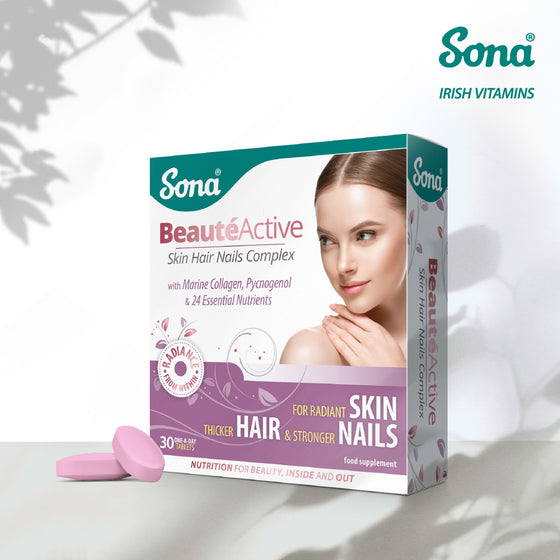 Sona BeautéActive provides 26 essential nutrients plus Marine Collagen. Maintains the elasticity, tone and texture of the skin; voluminous hair and strong nails.