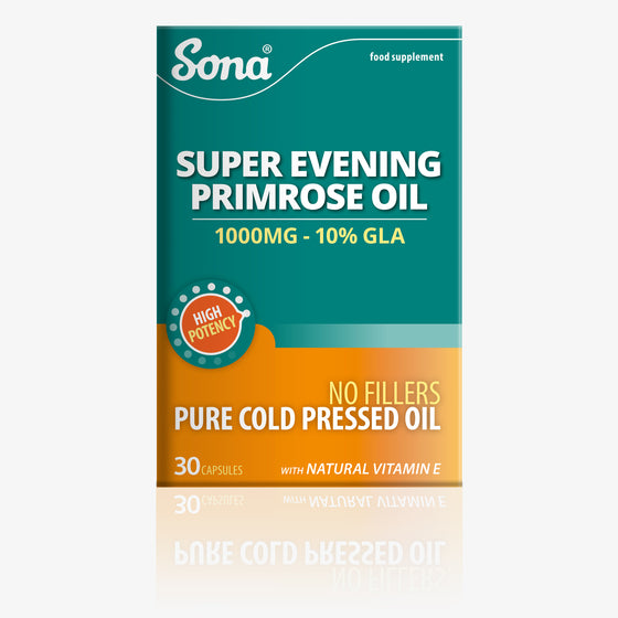 Sona Evening Primrose Oil, 1000mg capsules. Helps reduce PMS, skin inflammation and joint pain. Hormone balancing effects.