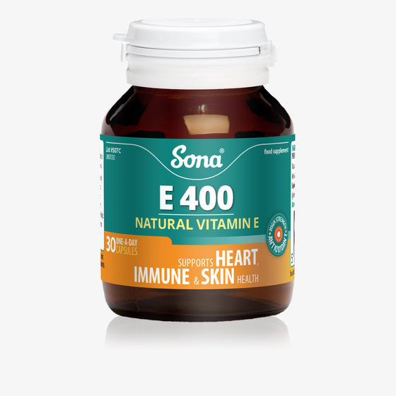 Sona E 400, natural Vitamin E capsules. Reduces skin aging effects, heals scars and prevents damage from pollution or cigarette smoke.
