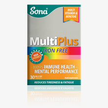  Sona MultiPlus Iron Free is a multivitamin and mineral for adults who want to or need to avoid extra iron in their diet. For overall health and wellbeing. 