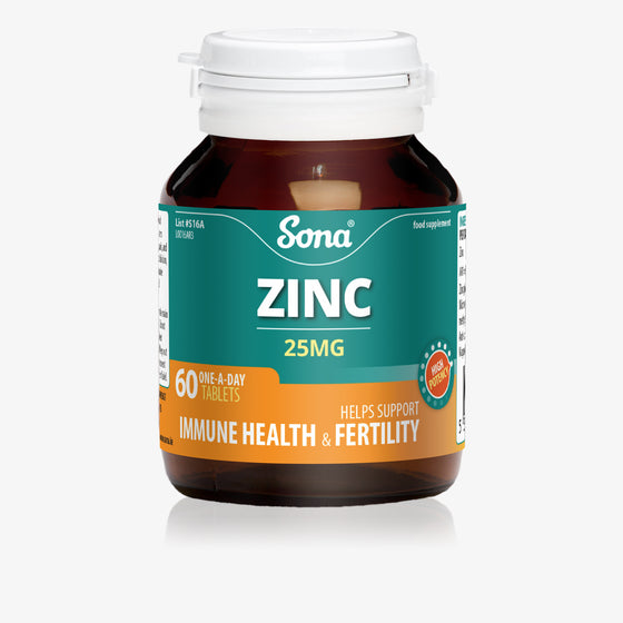 Sona Zinc 25mg supports cognitive function, immune system, skin, hair & vision, reproductive health and protection of cells from oxidative damage.