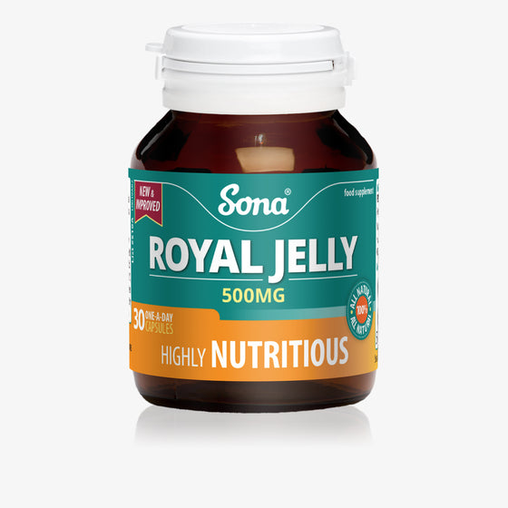 Sona Royal Jelly provides a wide range of nutrients. Easy to swallow capsules. 500mg per capsule.