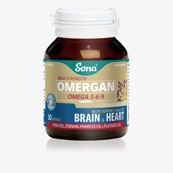 Sona Omergan - Omega 3-6-9 Max Strength Fish Oil. Flax, fish and borage oil. Pure essential Fatty Acids. Beneficial for heart, vision and brain health.