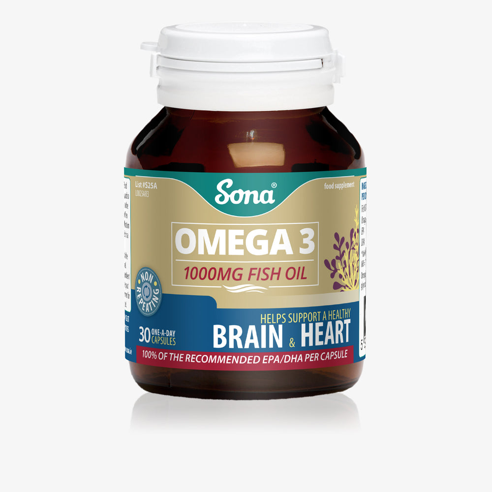 
                      
                        Sona Omega 3 1000mg Fish Oil per capsule. EPA and DHA. For brain function, vision, heart function, foetal brain and eye development in pregnancy.
                      
                    