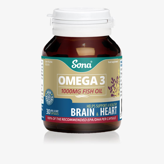 Sona Omega 3 1000mg Fish Oil per capsule. EPA and DHA. For brain function, vision, heart function, foetal brain and eye development in pregnancy.